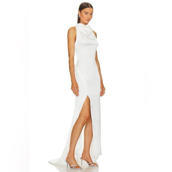 REVOLVE white high neck gown wedding with buttons and slit - Picture 3 of 6